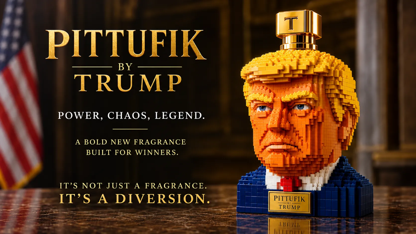 Pituffik dat Trump cologne bottle. Image and slogan AI generated and as cheesy as you'd think